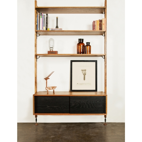 Theo Shelving Unit w/ Sliding Door Cabinet & 3 Shelves in Fumed Oak